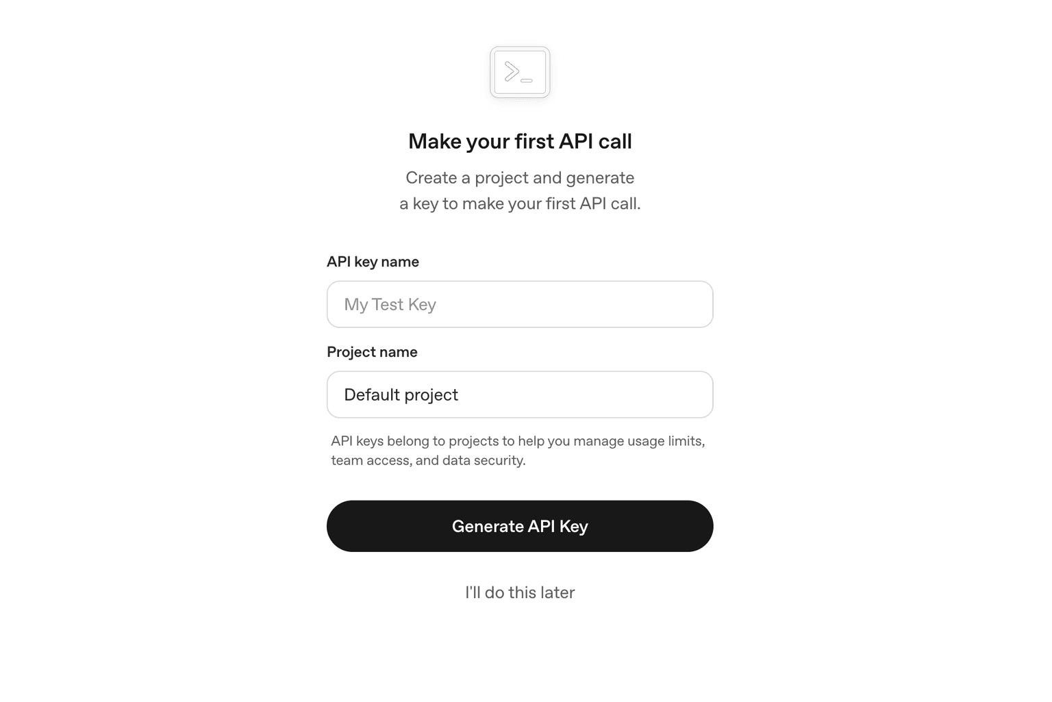 OpenAI API key creation form showing key name and project fields
