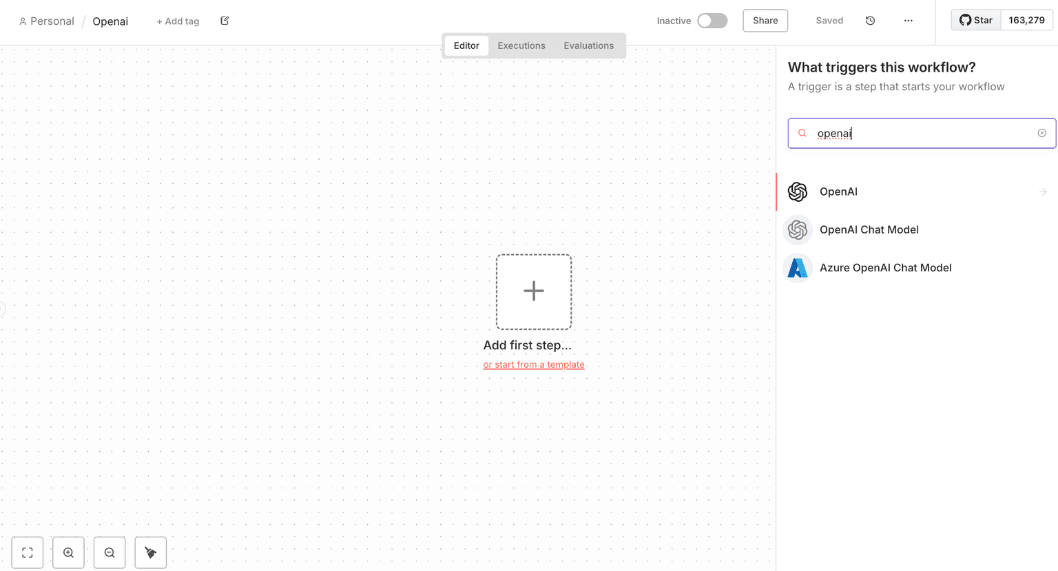 n8n workflow editor showing OpenAI node search results